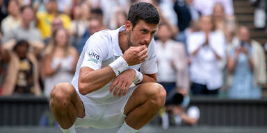 Tennis-Star Novak Djokovic kniet auf dem Rasen in Wimbledon