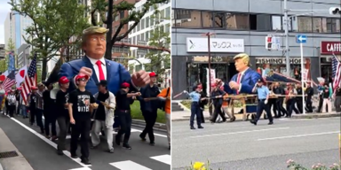 Japanische MAGA-Fans wandern mit riesiger Trump-Statue durch Osaka