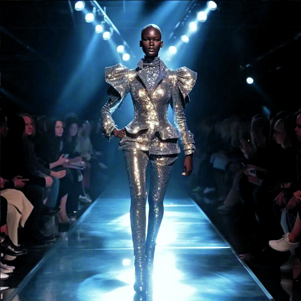 BEI DER ERSTEN AI FASHION WEEK konnte jeder seine KI- Designs einreichen. OPE kreierte etwa diesen Look per MidJourney.