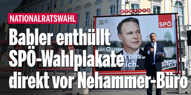 Babler enthüllt SPÖ-Wahlplakate direkt vor Nehammers Büro