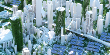Solarpanels, viel grün, Hochhäuser