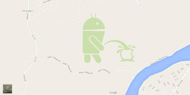 Android-Männchen pinkelt auf Apple-Logo
