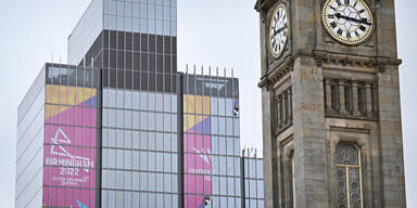 Commonwealth-Games Werbung auf einem Gebäude in Birmingham