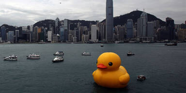 Riesen-Gummiente im Hafen von Hongkong