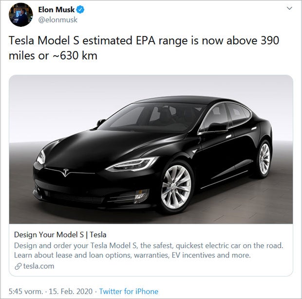 Tesla Model S jetzt mit 630 km Reichweite