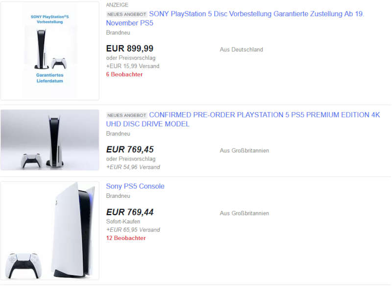 PS5 schon zu Wucherpreisen auf willhaben und eBay