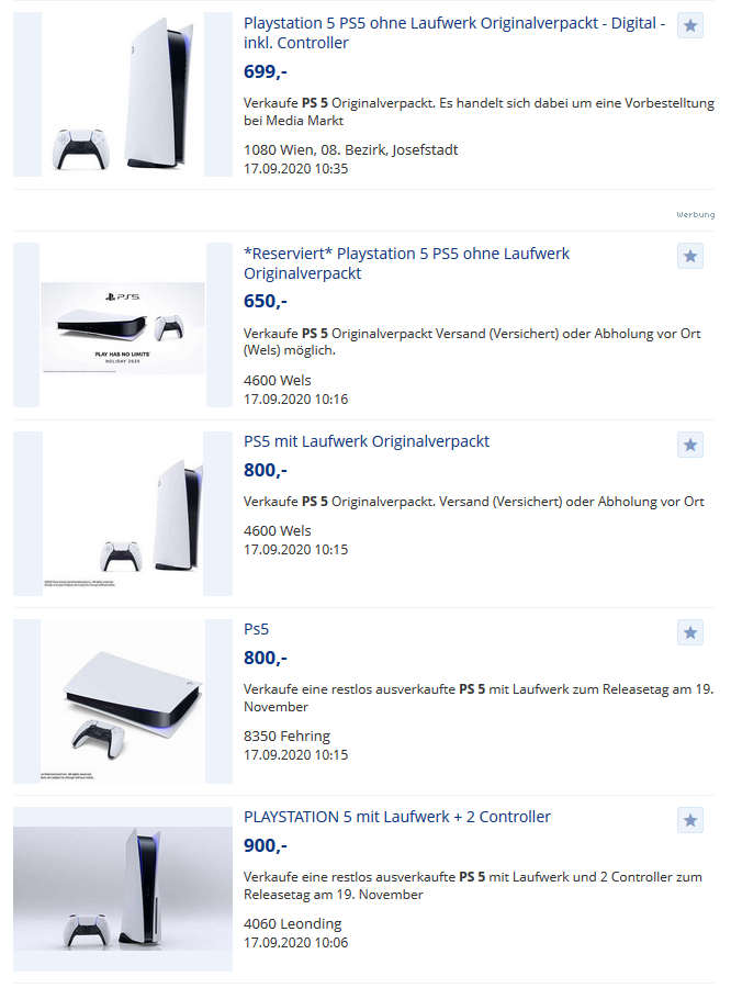 PS5 schon zu Wucherpreisen auf willhaben und eBay