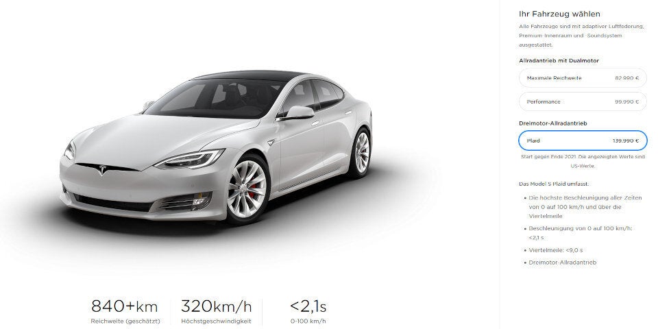 320 km/h schnelles Model S mit 840 km Reichweite bestellbar