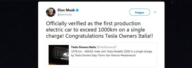 Tesla Model S: 1.078 km mit einer Akkuladung